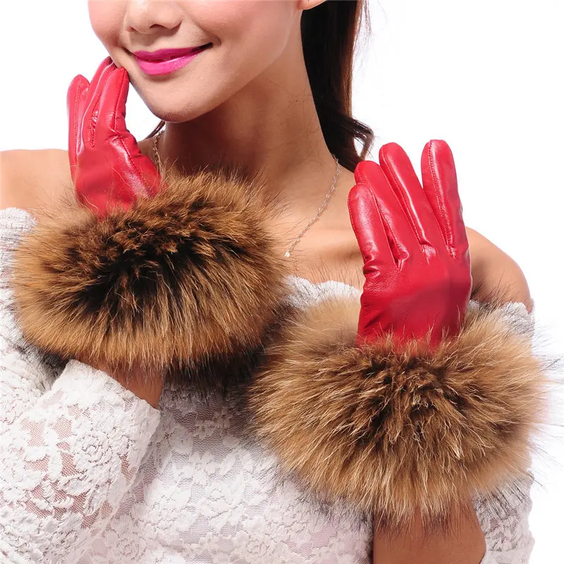 

Женские кожаные перчатки для сенсорного экрана, теплые зимние Роскошные перчатки из 100% натуральной овечьей кожи с мехом енота, черные уличн...