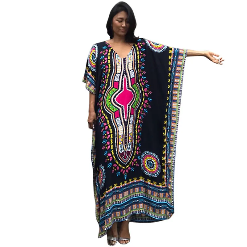 E Пляжный сарафан с принтом, сексуальное богемное длинное платье с v-образным вырезом, Африканские Этнические летние свободные винтажные кафтаны Макси платья - Цвет: E