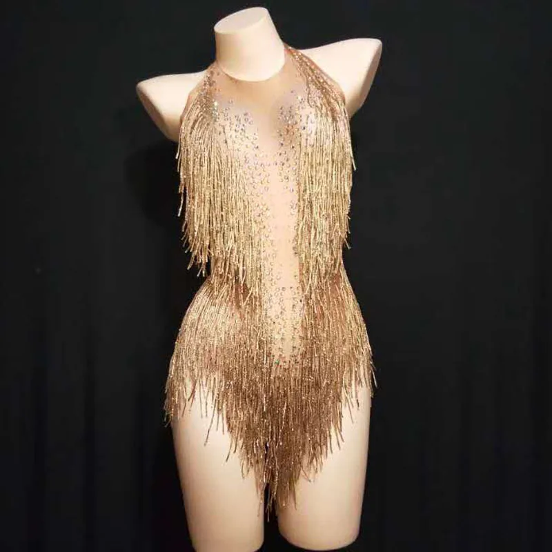 Flashing Gold Rhinestones Tassel Spandex Bodysuit Women's Birthday Party Evening Costume Stage Outfit Nightclub Dance Show Wear