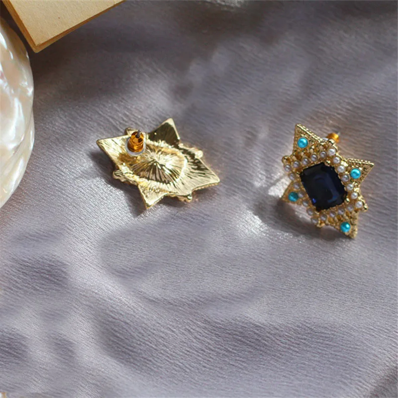 stud earrings Новинка, Ретро стиль, инкрустированная чернильно-голубым стеклом брошь с искусственным жемчугом, 925 серебряные серьги-гвоздики, клипсы для ушей - Окраска металла: stud earrings