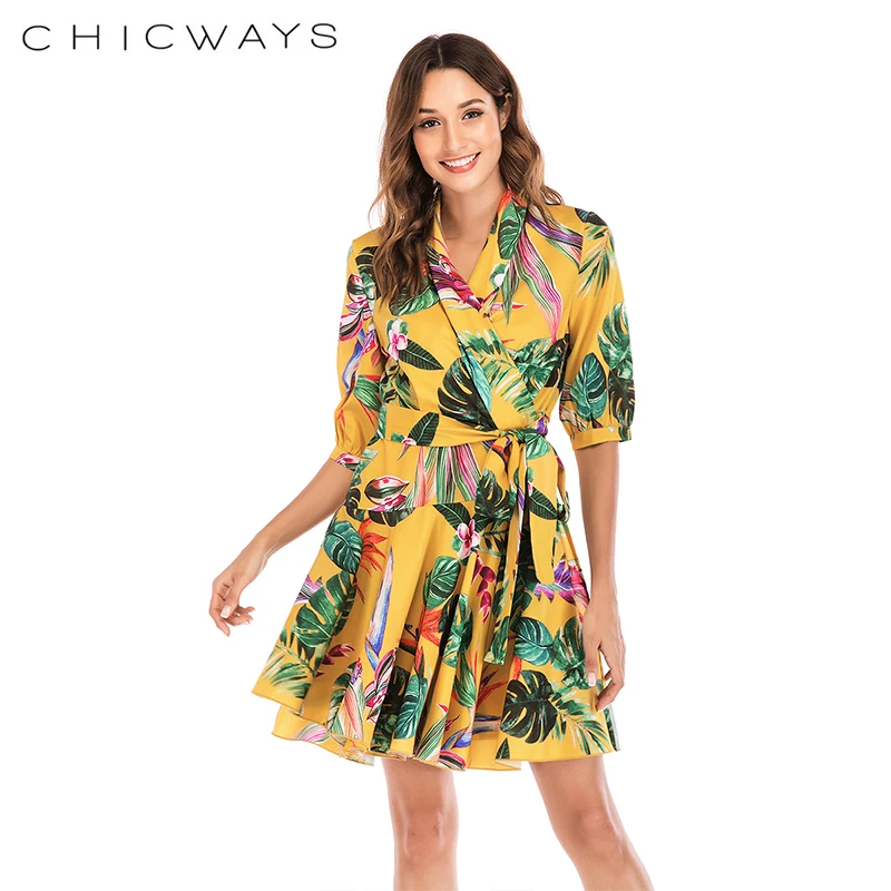 Chicways тропические Плам лист печати элегантное платье для женщин Сексуальная V шеи