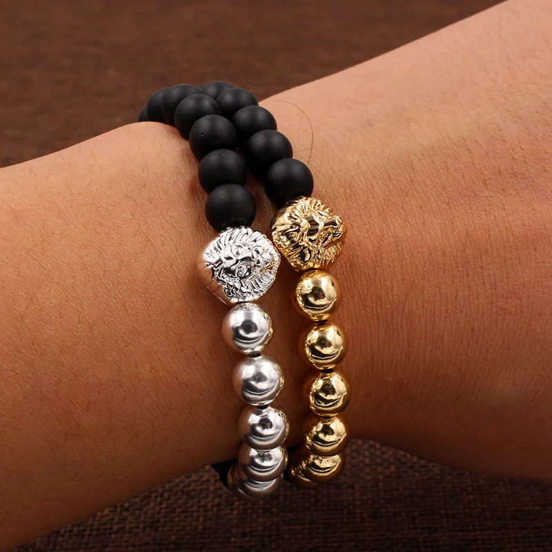 

Vintage Gold Color Lion Strand Bracelet Femme Ethnic Black Matte & Copper Beads Natural Stone Bracelet Turkish Men Women Jewelry