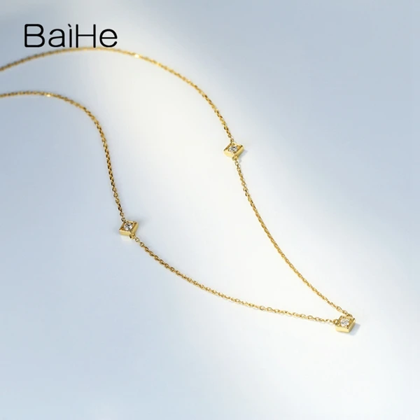 BAIHE Твердое 18 к желтое золото 0.09CT сертифицировано H/SI настоящие натуральные бриллианты круглой огранки для женщин трендовые ювелирные изделия Элегантные ожерелья