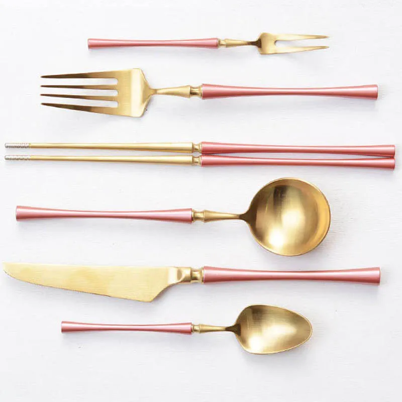 Столовые приборы розового цвета из нержавеющей стали|tableware set|set dinnerknife fork |