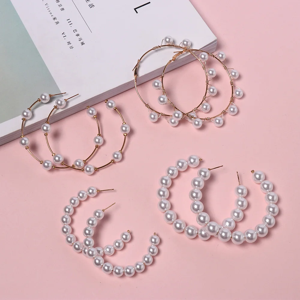 Женские круглые серьги кольца Boho большие золотого цвета с имитацией жемчуга в
