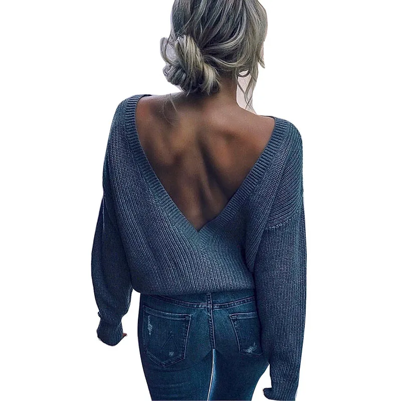 Женский вязаный свитер с глубоким v-образным вырезом открытой спиной NORMOV |