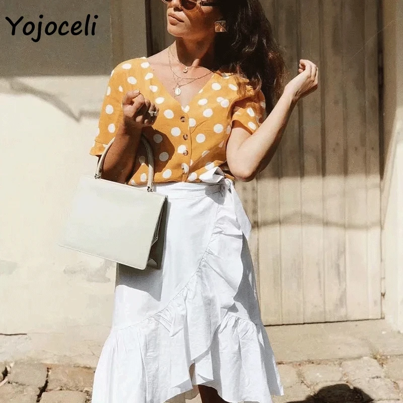 Блузка Yojoceli женская с треугольным вырезом на кнопках в горошек уличная одежда 2019|