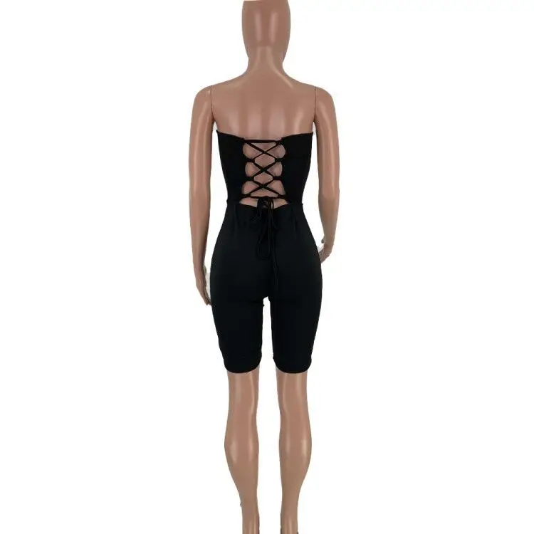 Новый женский летний черный комбинезон с буквенным принтом на шнуровке без