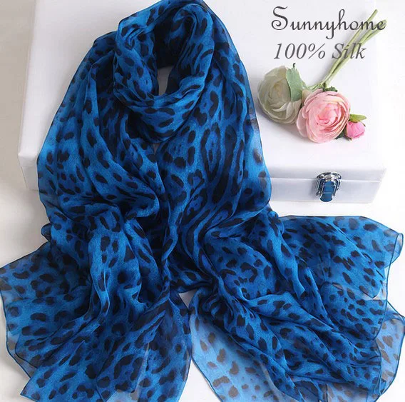 

100% Nature Silk Scarf Luxury Brand Women Pure thin Silk Pashmina Summer Beach shawl Blue Leopard Print Scarves Spring Wrap