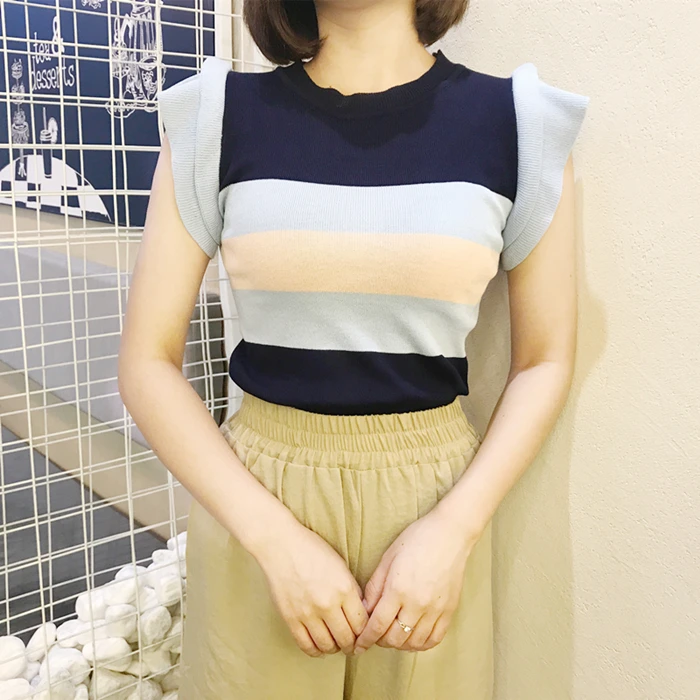 Летние женские трикотажные футболки топы безрукавка в полоску Женская