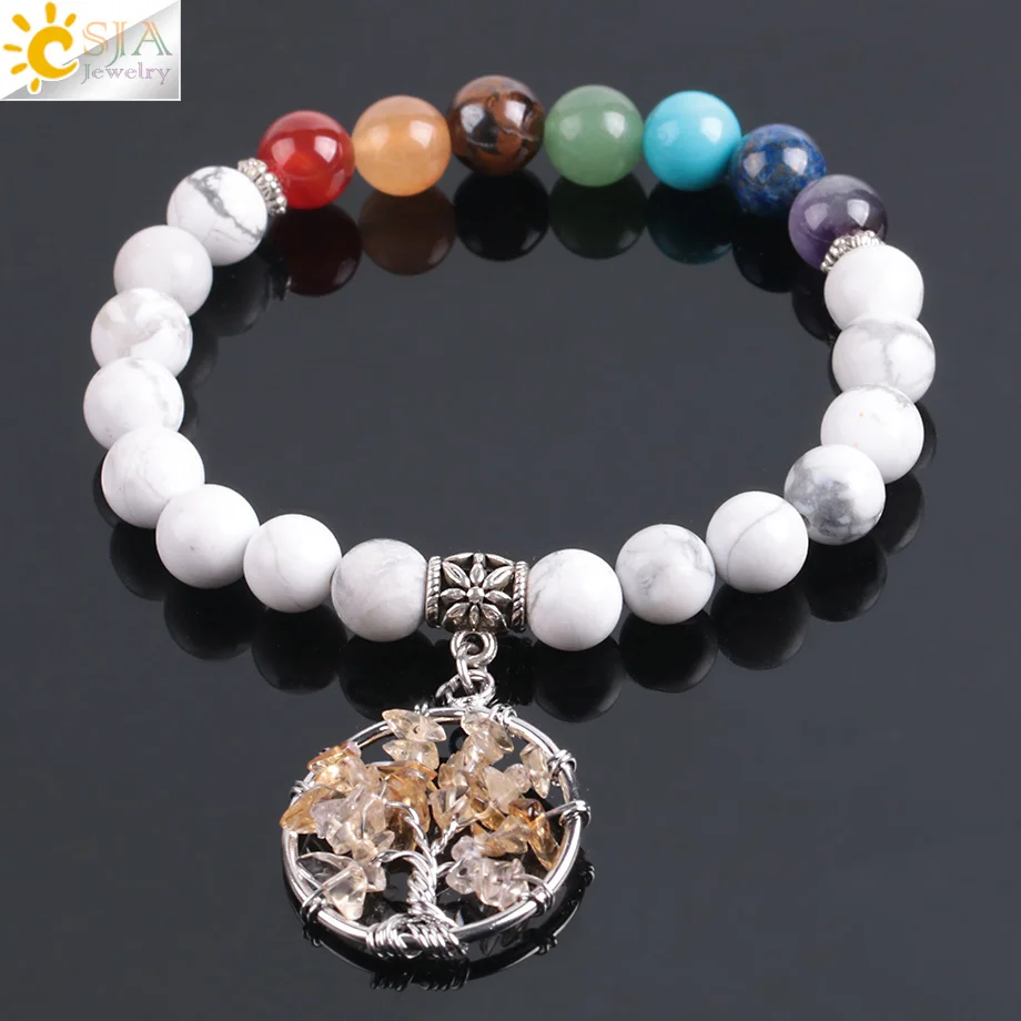 CSJA Healing 7 Чакр Тибетский белый Howlite браслеты желтый осколок кристалла молитва йоги