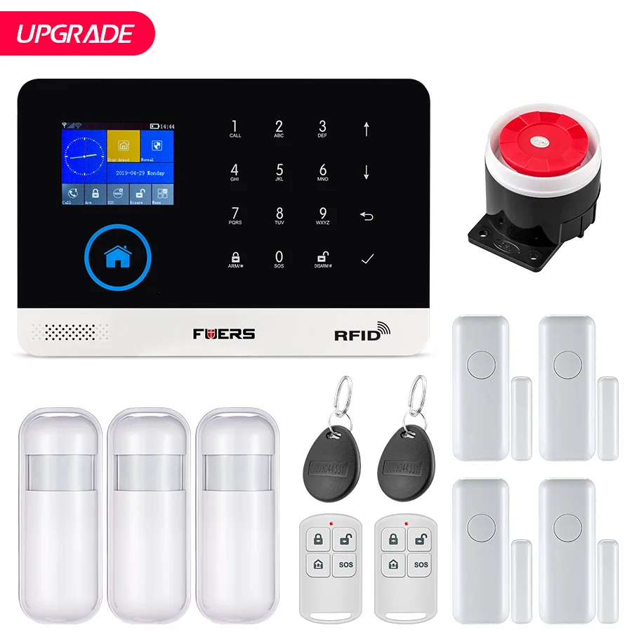 Kit4 FUERS обновление PG103 wifi GPRS GSM домашняя система охранной сигнализации приложение управление Вспышка Сирена датчик дыма PIR детектор движения набор RFID - Цвет: Kit4