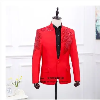 

S-2XL!!! 2018 Male suits stand collar suit luxury paillette handmade flower twinset performance wear The singer's clothing