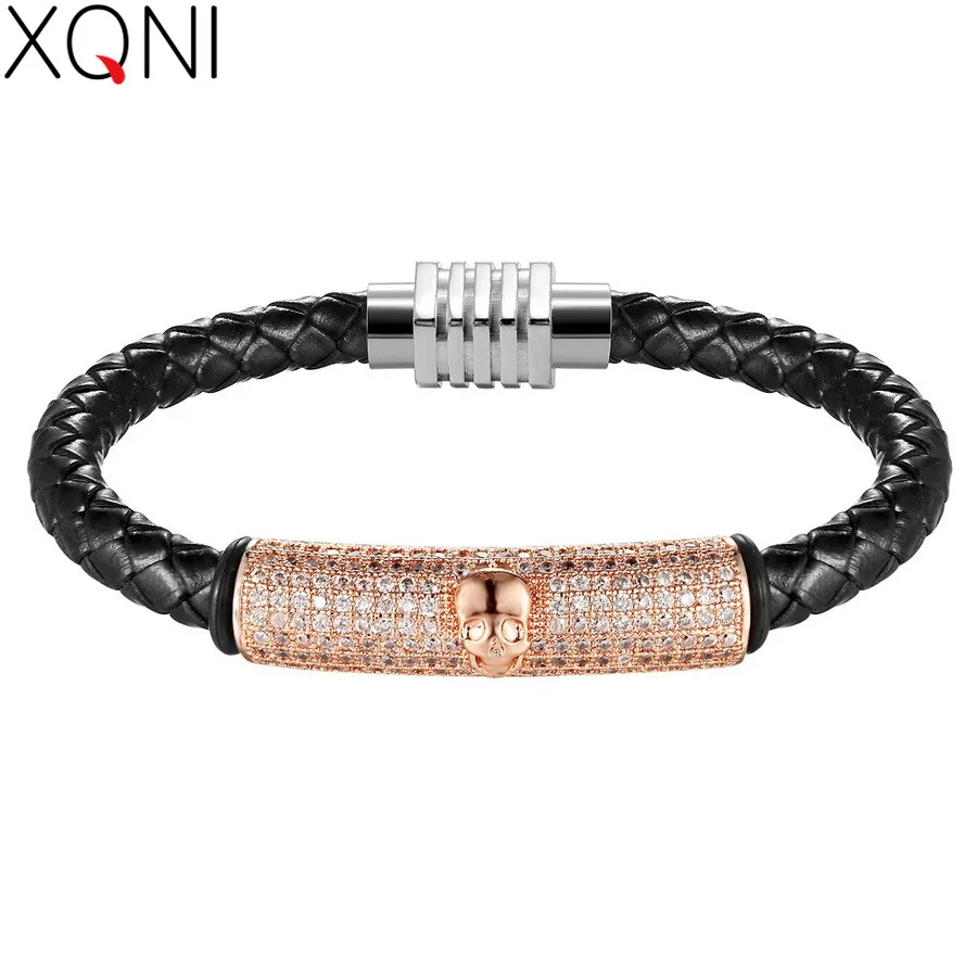 

XQNI Latest 4 Colors High Quality Magnetic Clasp Fashion Micro Pave Cubic Zircon Genuine Punk Man Leather Bracelet Skull for Men