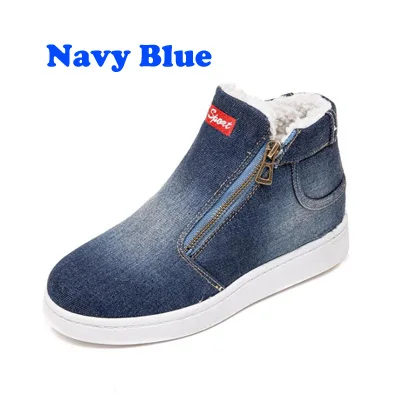 Navy Blue Зимняя женская обувь; зимние ботинки из джинсовой ткани; Теплая Флисовая Классическая обувь на плоской подошве с высоким берцем и круглым носком; кроссовки; Zapatos De Mujer - Цвет: Navy Blue