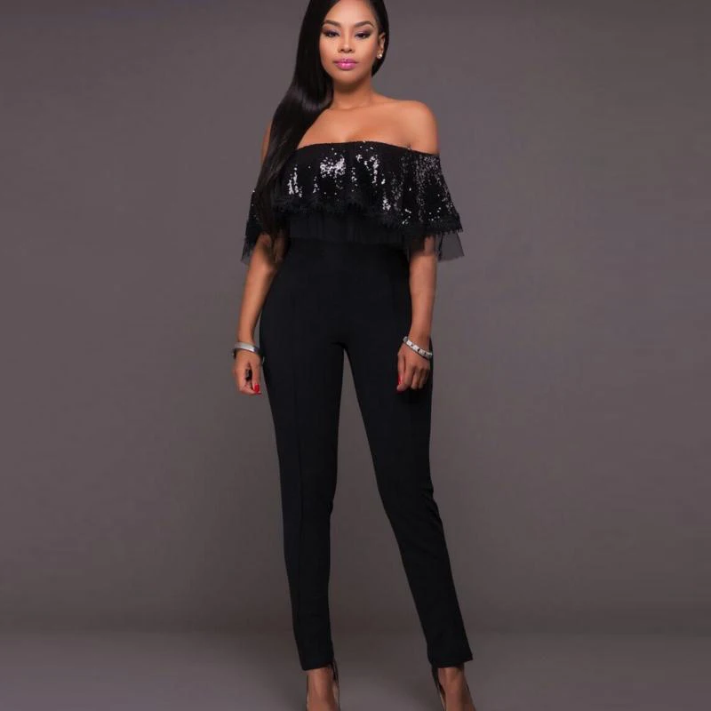 New Women's Sexy Slim Fashion Europe Style Slash Collar Large Swing Paillette Falbala Vintage Lace Patchwork Long Jumpsuits | Женская