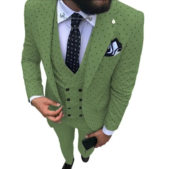 grass green Мужской Poika dot костюм 3-Pieces новейшее пальто брюки дизайн Нотч лацкан смокинги друзей жениха для свадьбы Вечерние(Блейзер+ жилет+ брюки - Цвет: grass green