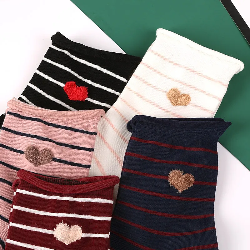 

Socks Women Striped Heart Pattern Cartoon Middle Tube New Trendy Womens Cute Sweet Kawaii Basic Harajuku Breathable Simple Chic