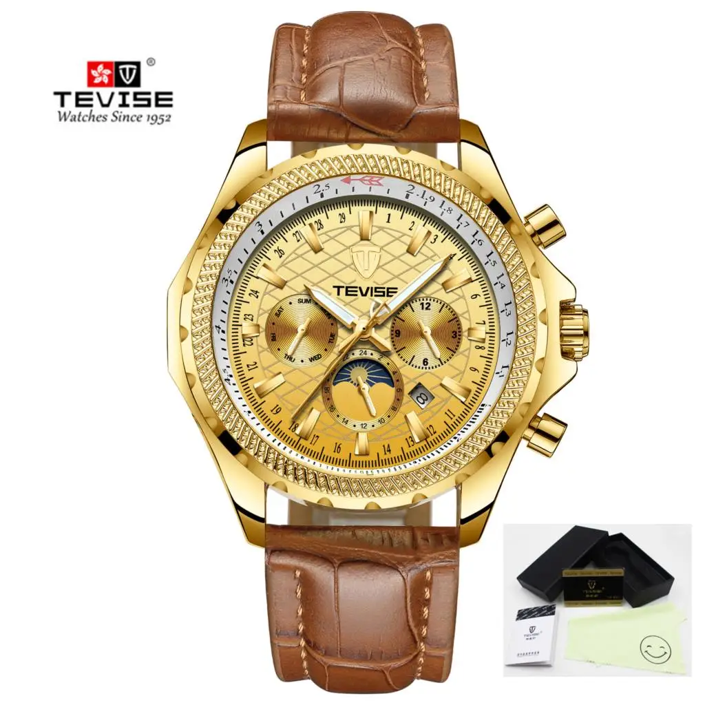 TEVISE lea gold Tevise Mens Top Brand Luxury Fashion Men Business Mechanical Watches Automatic Watch Waterproof Male Clock Relogio Masculino - Цвет: TEVISE lea gold