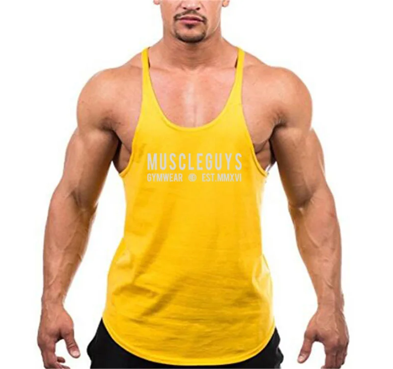 yellow 6610 Muscleguys Бодибилдинг стрингерс без рукавов толстовка тренажерные залы безрукавки для мужчин майки рубашка хлопок Фитнес Спортивная одежда - Цвет: yellow 6610