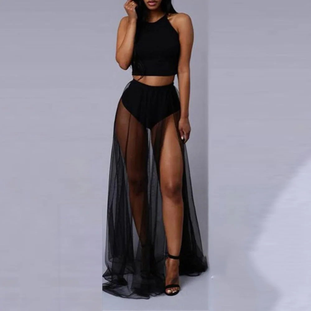 2019 вечерние сексуальные женские комплекты чёрные майки шифоновая длинная юбка
