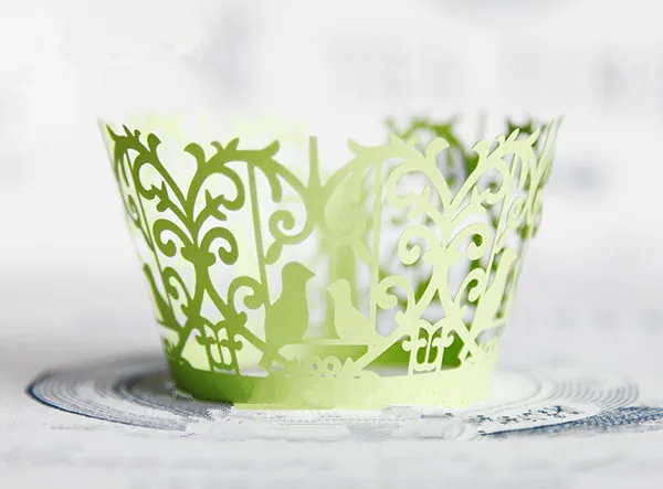 

Free Shipping cupcake wrapper green lace birds laser muffin cup cake cups wrappers pearl paper wedding party decoration supplies