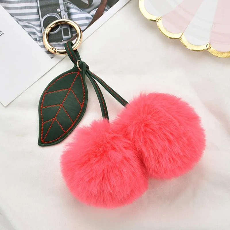 Watermelon red Милый фруктовый брелок с вишней подвески для женщин кошелек сумка двойной шарик-помпон лист брелок пушистый искусственный мех автомобильный брелок - Цвет: Watermelon red