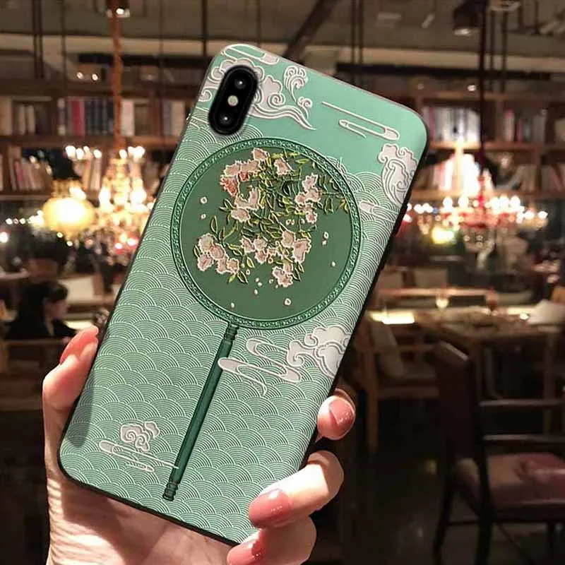 JIBAN Chinese style pink fan magpie Phone Case for iphone X XS XR XSMAX 6s 6plus 7 7plus 8 Cover Soft Silicon protection sleeve |