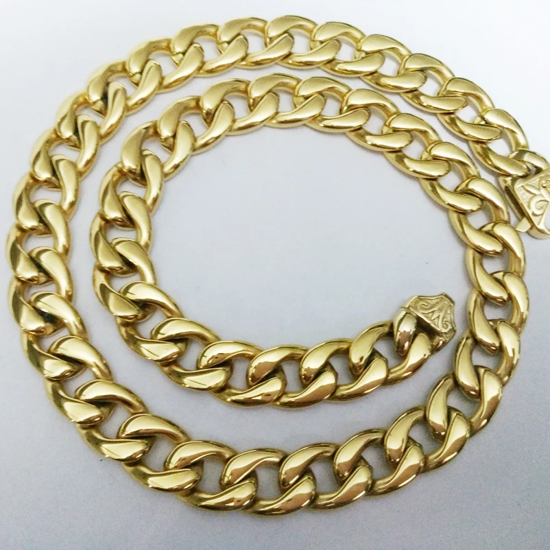 

New Arrive High Quality Jewelry Mens Gold Tone Stainless Steel Wide Figaro Chain Necklace 15mm 18in-40in