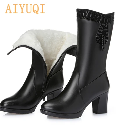 black wool AIYUQI; коллекция года; женские зимние ботинки; женские ботинки из натуральной кожи; теплая шерсть; стразы; Модные женские ботинки с бахромой на высоком каблуке - Цвет: black wool