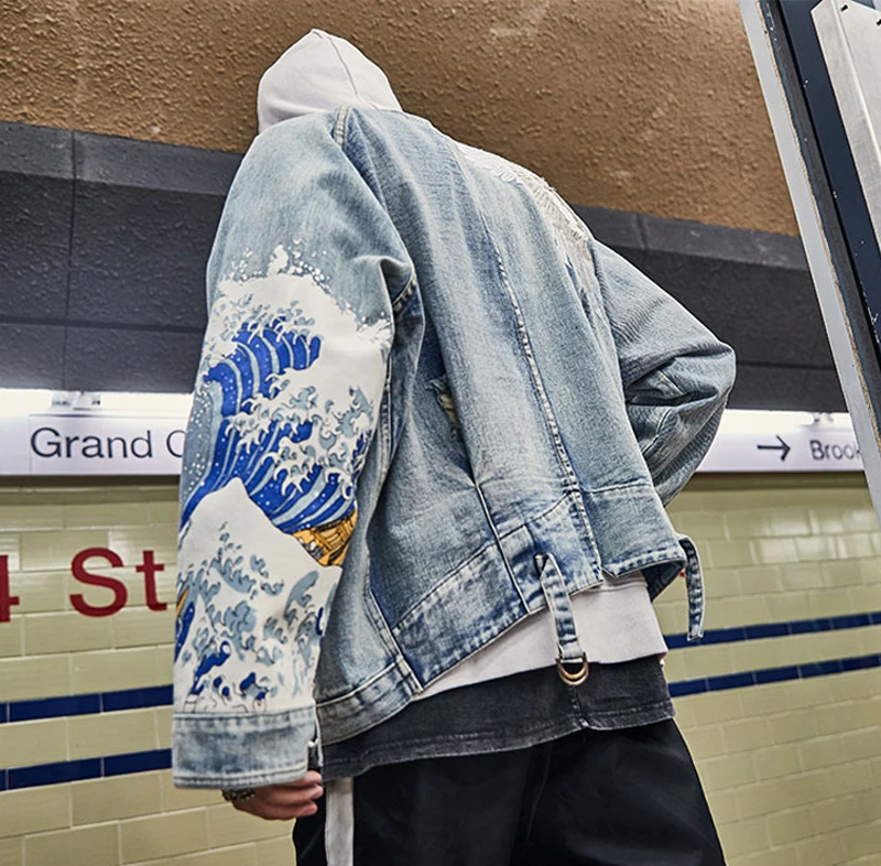 US Size Crane Embroidery Jeans Men Blue Coat Denim Jacket Orersize Loose Coats Vintage Hip Hop Fashion DG89 | Мужская одежда