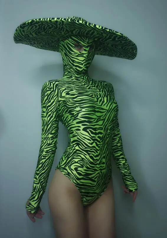 Green Обтягивающее боди с рисунком зебры, большая шляпа, одежда для сцены, ночной клуб, DJ, певица, сексуальный костюм, вечерние, для шоу, танцевальная команда, джаз, купальник - Цвет: Green