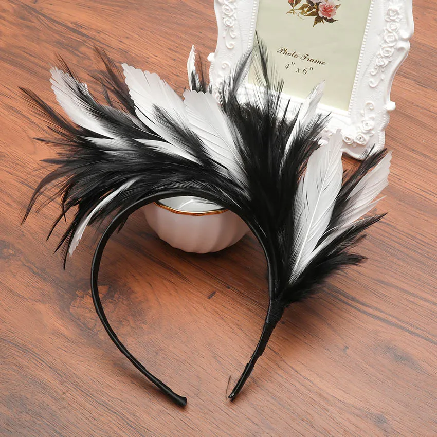 White Black Levao, повязка на голову с перьями на Хэллоуин, Женская Фестивальная лента на голову, повязка на голову с перьями, вечерние повязки на голову, женские аксессуары для волос - Цвет: White Black