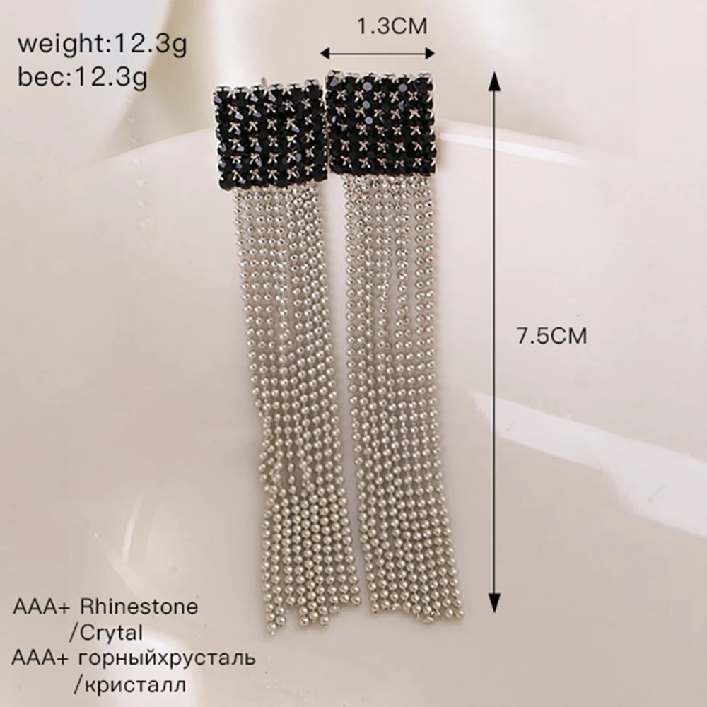 2016 минималистичный дизайн женские черные серьги с кисточками и цепочкой из Рейна