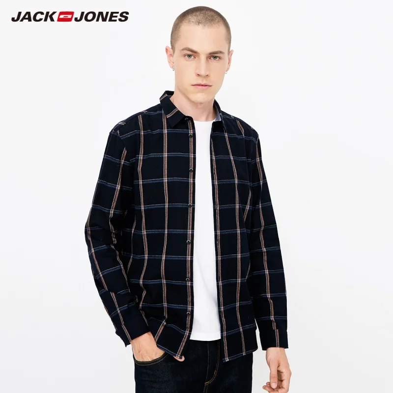 Мужская рубашка в клетку с длинными рукавами JackJones 100% хлопок 218305555|Повседневные