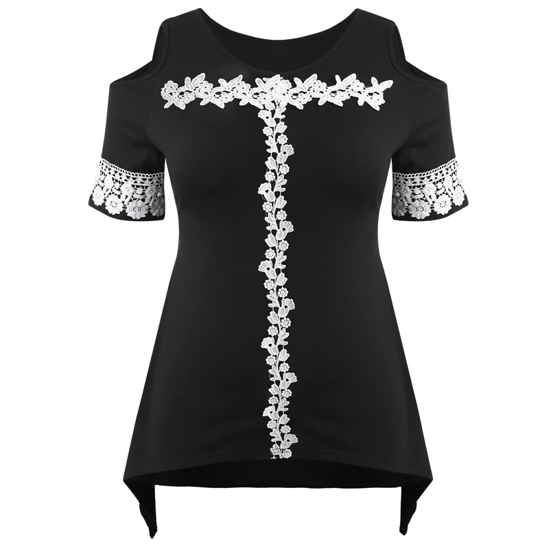 Women Casual Open Shoulder Flower Plus Size Floral Black Short Sleeve Fashion Lace T-shirt | Женская одежда