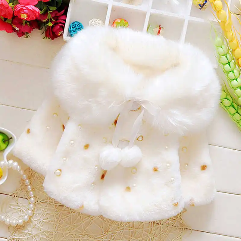 lovely Winter Baby Girls Fur Fleece Imitation Pearls Princess Outerwear warm Coat Lapel Collar Xmas Kids Infant Cloak Cape - Цвет: White