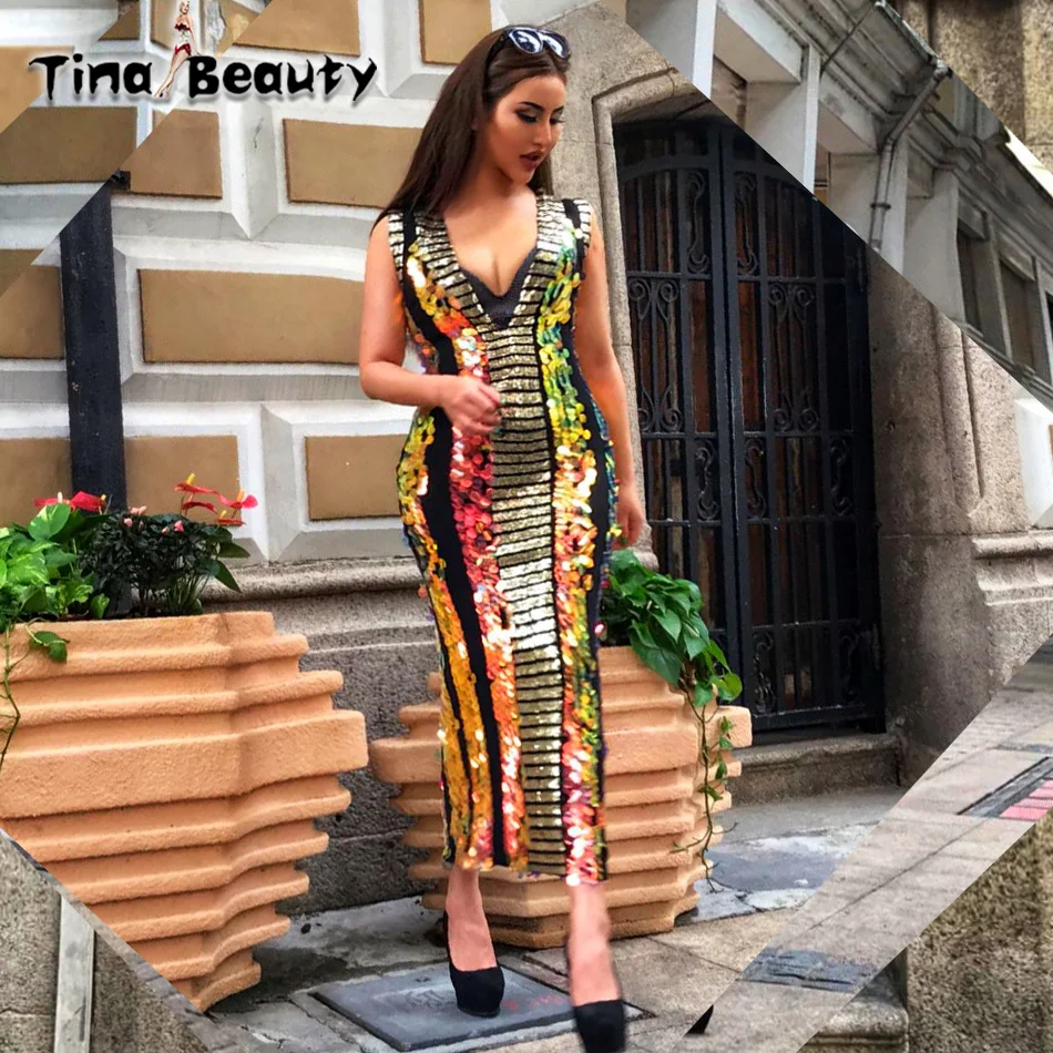 Женское вечернее платье макси Tina Beauty золотистое длинное без рукавов с блестками
