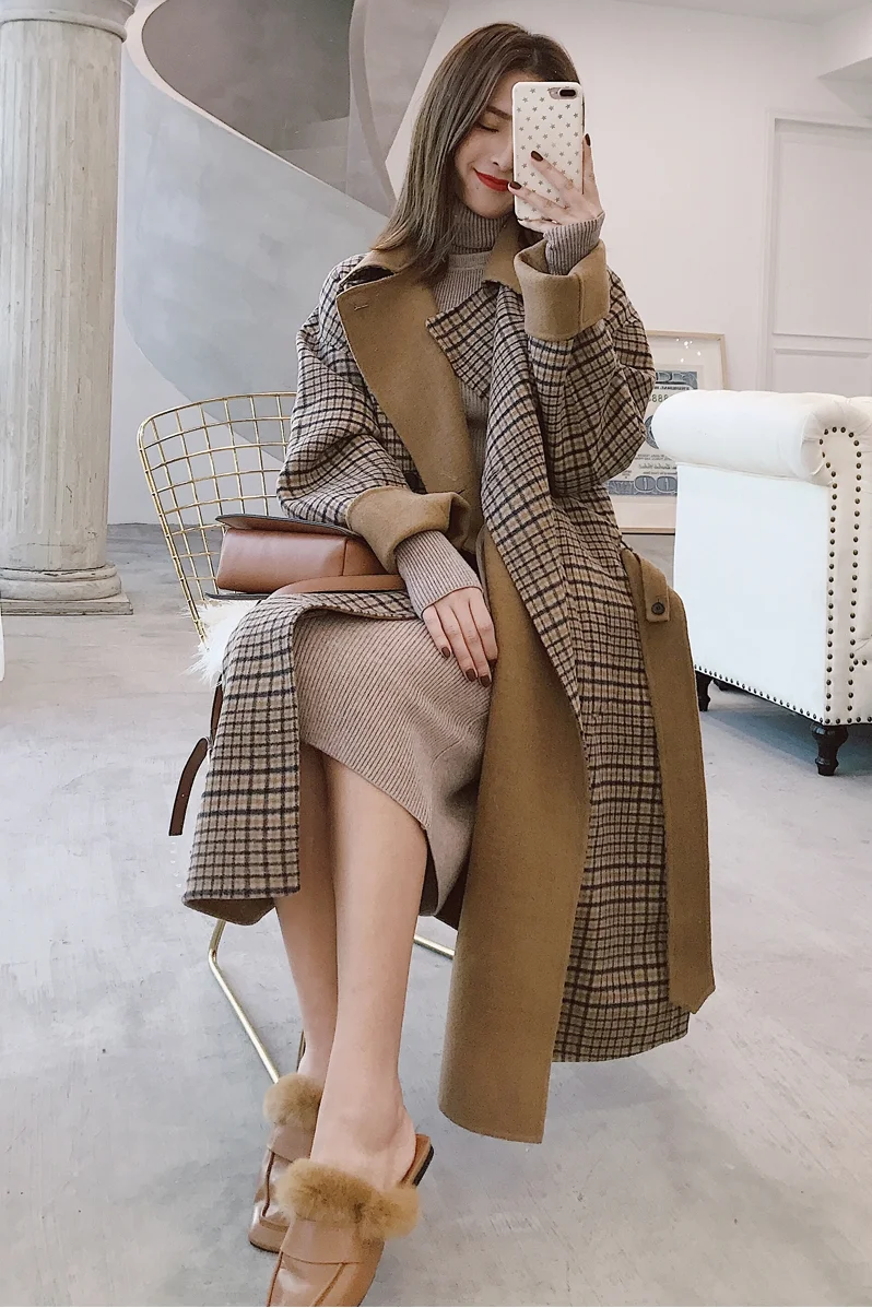 Осенне зимнее клетчатое шерстяное пальто для женщин Harajuku длинные ветровки 2020