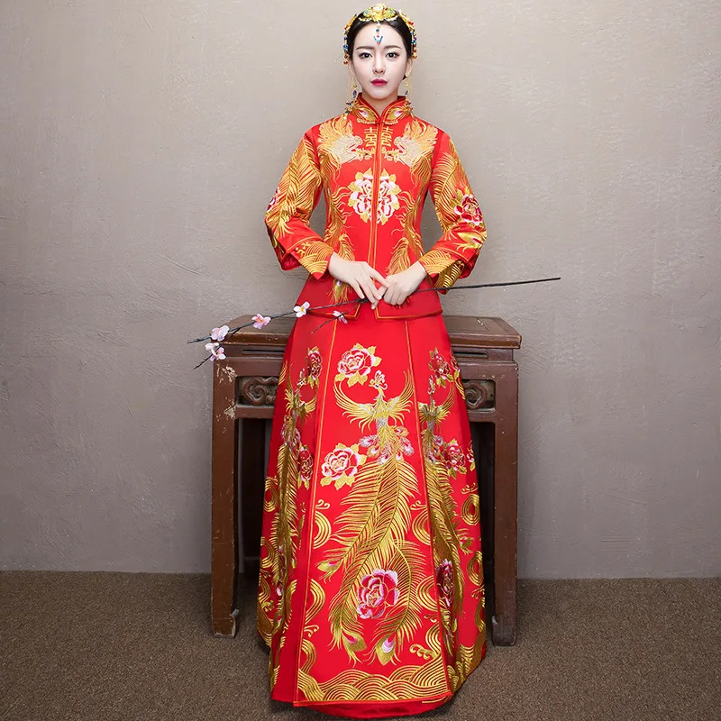 Невесты Для женщин феникс вышивка платье Чонсам красный Qipao длинные традиционные