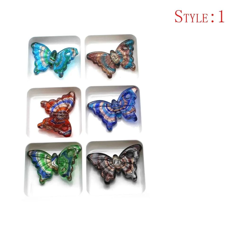 1 Style 2 стиля, 6 шт./лот, ручная работа, муранский лэмпворк, стекло, смешанный цвет, Бабочка, подвеска, подходит для ожерелья, подарок - Окраска металла: 1 Style