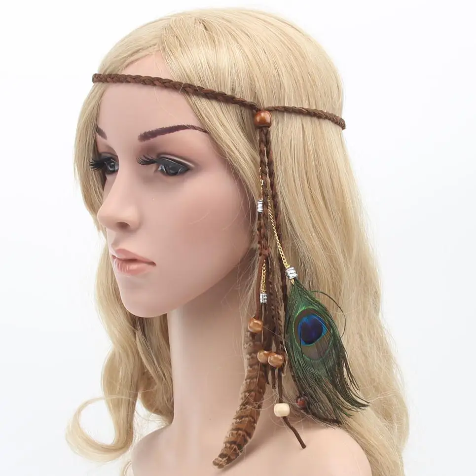 Women Summer Hair Jewelry Feather Headband Handmade Bohemia Peacock Headdress Vintage Head Piece Boho Tribal Indian | Украшения и
