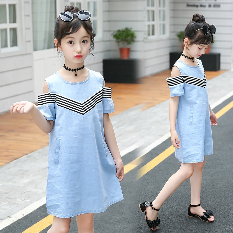 Summer Kids Clothing Baby Girls Denim Dress Casual Off-shoulder Children A-Line Cotton | Детская одежда и обувь