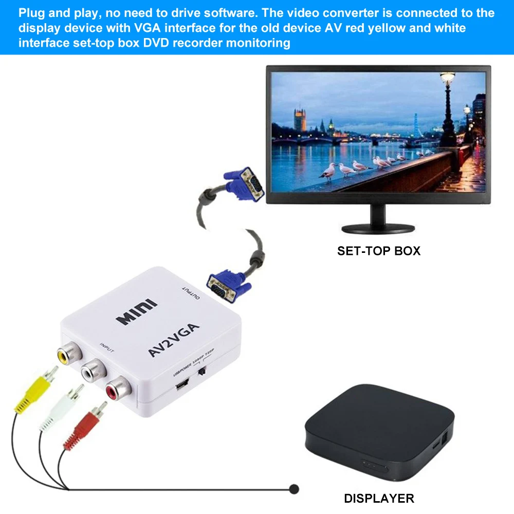 Мини конвертер видео AV2VGA AV RCA CVBS в VGA с 3 5 мм аудио к ПК HDTV|Кабели VGA| |