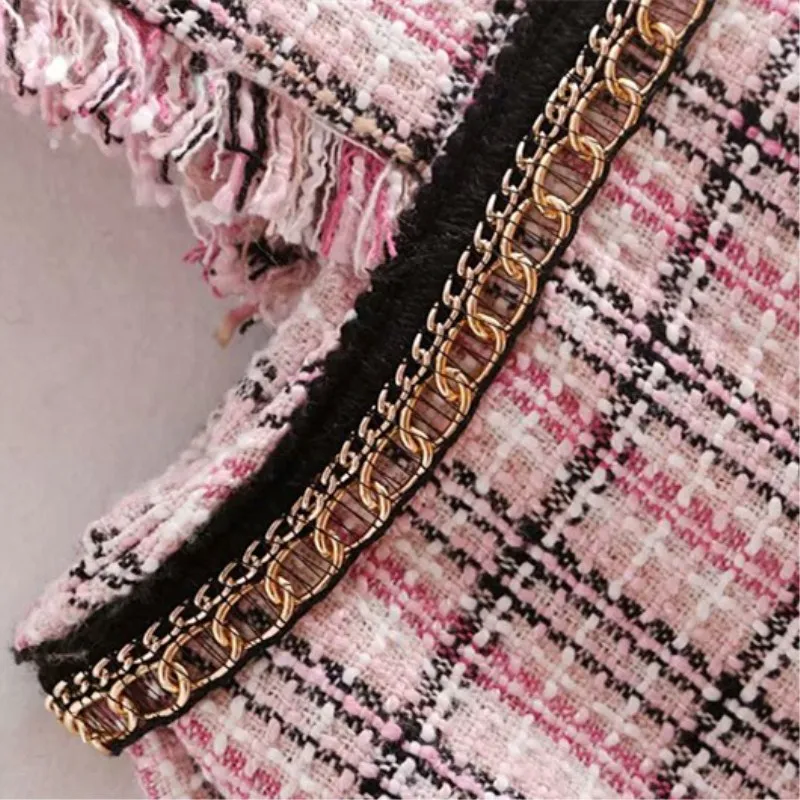 NSZ Women Plaid Pink Tassel Tweed Chain Playsuit Autumn Winter Thick Playsuits Overalls Sleeveless Streetwear Romper | Женская одежда