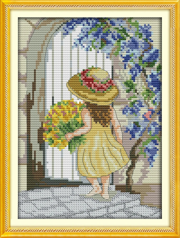 

The girl sending flowers cross stitch kit people aida 18ct 14ct 11ct counted printed canvas set stitches embroidery handmade