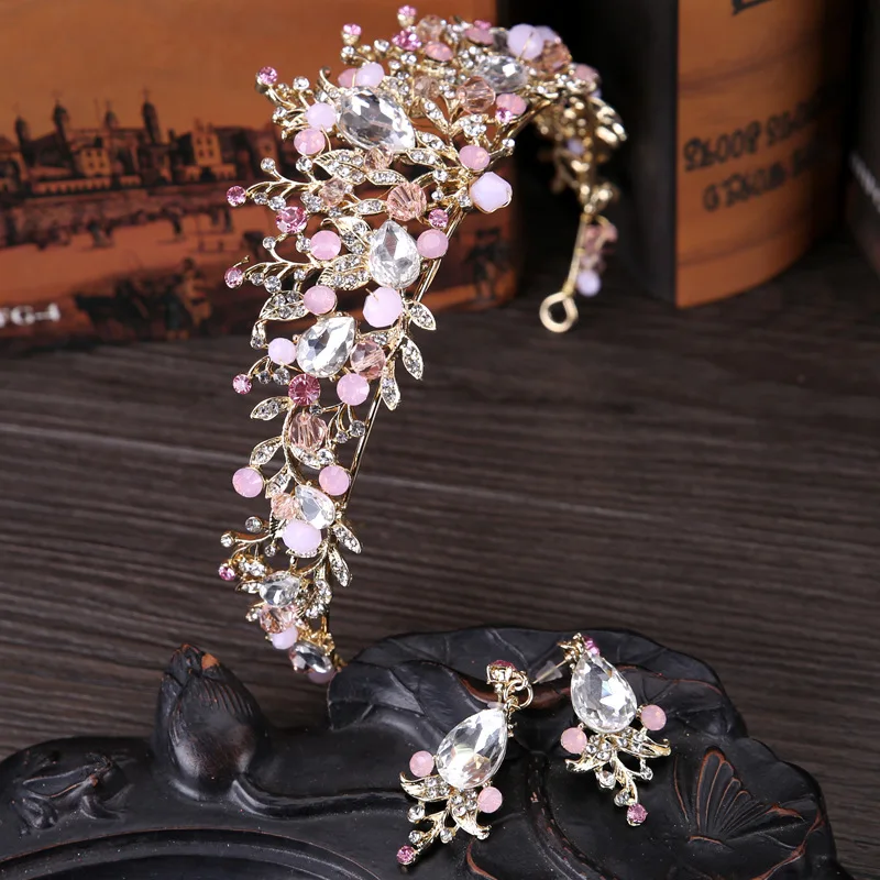 Модный дизайн розовый лист кристалл ожерелье и серьги невесты тиары короны