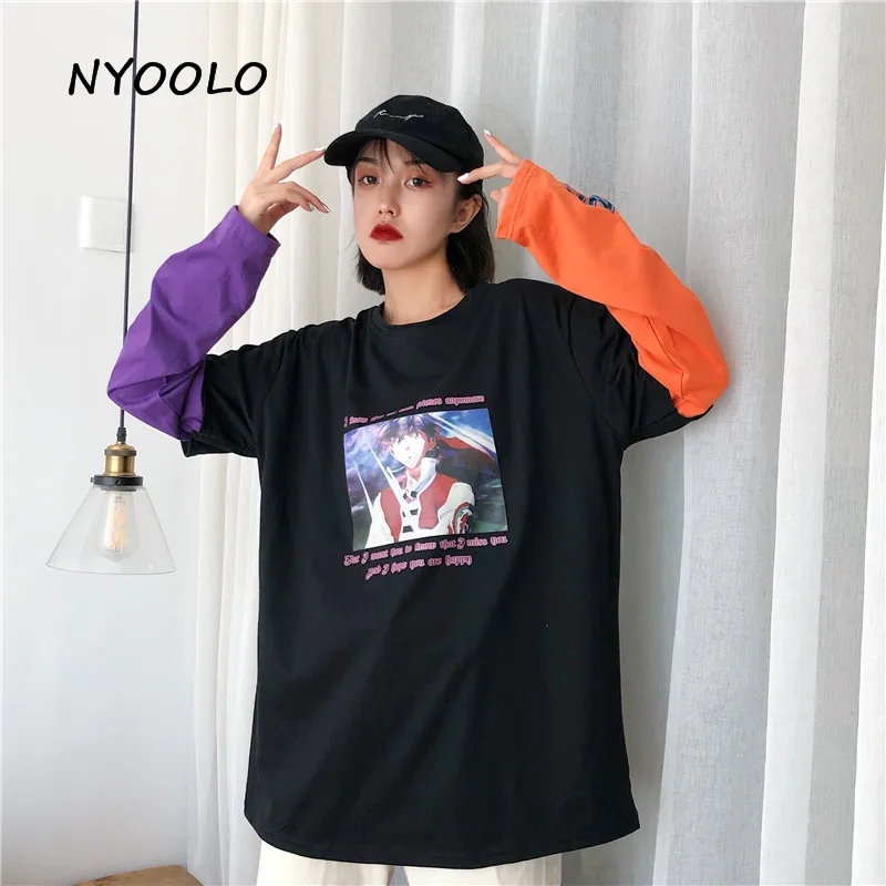 Футболка NYOOLO Harajuku с принтом аниме, 2 штуки, Лоскутная футболка, Повседневная Уличная футболка с длинным рукавом, женская одежда, топы, футболки