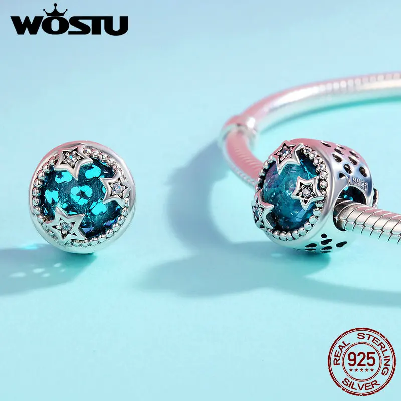 WOSTU Лидер продаж 925 пробы серебряные сияющие звезды, синие Кристальные бусины подходят к оригинальному браслету DIY ювелирный подарок CQC286