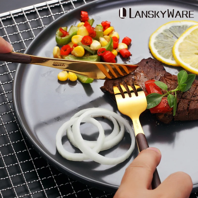 LANSKYWARE Портативный Золотой набор столовых приборов с деревянной ручкой 304